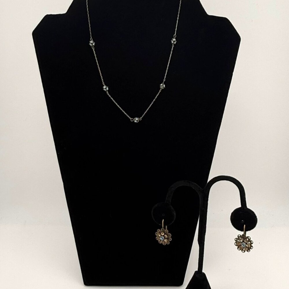 Vintage Style 1928 Necklace & Coordinating Filigree Floral Earrings with Rhinest